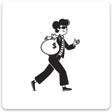 A thief with a bag of money on his back, wearing a striped suit and a black eye mask sticker