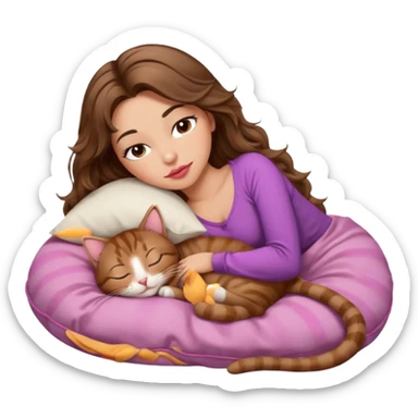 girl with long wavy brown hair, brown eyes, long lashes makeup, sexy pink lips, light to medium complexion,  sleeping on a cozy pillow, with brown tabby cat, sleeping sticker