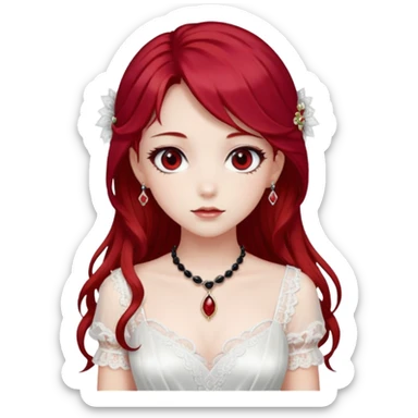 Beautiful shiny Gorgeous Anime Lady with dark hair and red hair streaks with a beautiful white silky lace dress and rubies and onyx gems  sticker