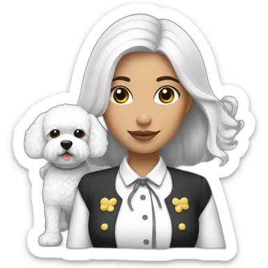 mujer piel blanca con moño negro y con perro bichon blanco sticker