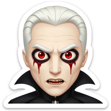 Creat a young man Vampire with white skin and white hair "make him have slide back hair" and full black vampire clothes and bloody eyes and long fangs and scary dead eyes sticker