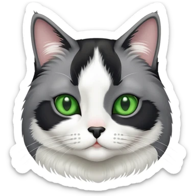Gray and white  tuxedo cat medium hair with a a black nose and green eyes sticker