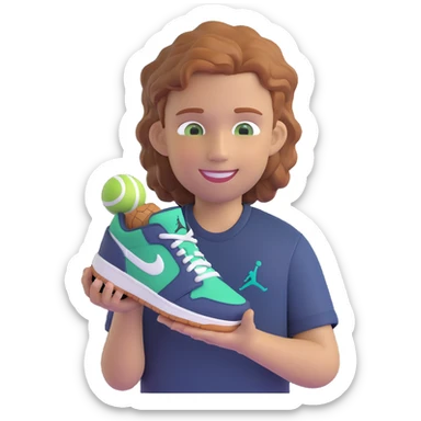 a boy with wavy light brown ginger hair, short sides and longer on top, green grey eyes, wearing a dark blue shirt, smiling, holding a Jordan sneaker in his hand sticker