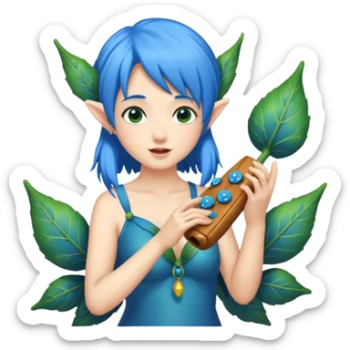 forest fairy woman with blue hair playing leaf-shaped ocarina sticker