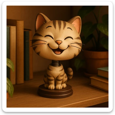 a smiling cat bobblehead, cartoonish, large head, small body sticker