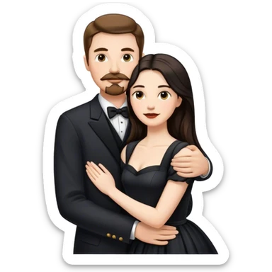 married couple portrait, tall white man with brown hair goatee mustache embracing a pale woman with long black hair, wearing formal clothing sticker