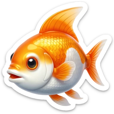 Cinematic Cute Orange and White Goldfish Portrait Emoji, Head tilted playfully and inquisitively, featuring a glossy, vibrant body adorned with a striking mix of orange and white, round, sparkling golden eyes filled with curiosity, Simplified yet irresistibly adorable features, highly detailed, glowing with a warm, friendly glow, high shine, affectionate and lively, stylized with a touch of whimsy, bright and endearing, soft glowing outline, capturing the essence of a mischievous yet loving goldfish, so playful it feels like it could swim out of the screen and into your heart! sticker