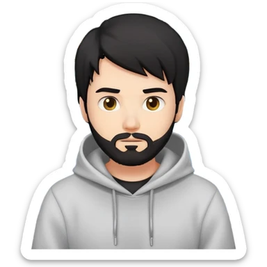 Create an emoji-style illustration of a male coder sitting in front of a computer. He has black hair, a beard, and white skin. He is wearing a hoodie and is focused on coding. The style should be similar to modern emoji—simple, colorful, and expressive. sticker