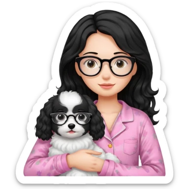 long wavy black haired girl wearing black framed glasses in a pink pjs while holding her fluffy white dog sticker