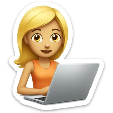 fair girl working on laptop designing website sticker