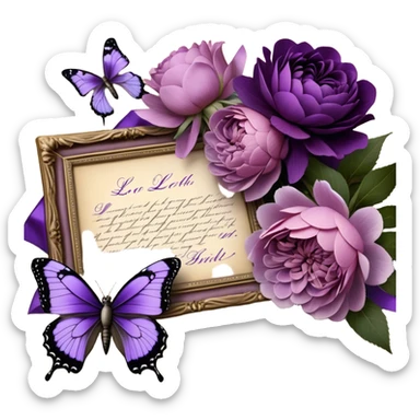 An antique love letter bundle, bound delicately with a purple silk ribbon, rests beside an arrangement of dried blush violet roses, lilac peonies, and soft purple dahlias, while a silver butterfly brooch adorned with pearls seems to pause, captivated by the deep violet inked calligraphy flowing across the aged parchment. sticker