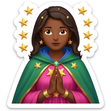 Mujer de piel morena, rostro sereno, manos juntas. Vestido rosa rojizo manto capa azul verdoso con muchas estrellas doradas pequeñas Resplandor como rayos de luz dorado alrededor del cuerpo. sticker