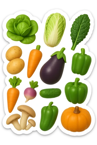 emoji stile iphone 3d di Lattuga, spinaci, cavolo cinese, cavolo nero
Patate, carote, rape, ravanelli
Melanzane, cetrioli, peperoni verdi
Funghi ostrica
Zucca kabocha
 che fluttuano in aria, iperealistico 4k sticker