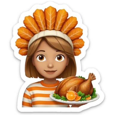 happy tan girl with an orange striped sweater and a cooked browned turkey on her head  sticker