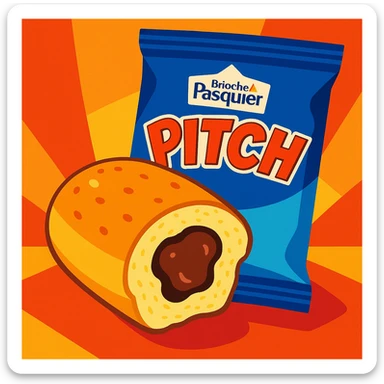 A Brioche Pasquier pitch snack with a visible chocolate center, half-eaten, styled to look irresistible and fresh sticker