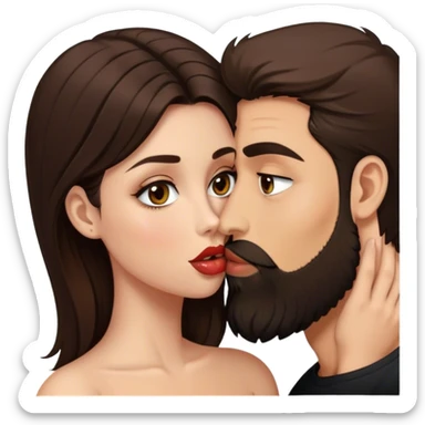 a brunette girl with hazel eyes and dark nude lips and brunette man with a beard kissing esch other  sticker