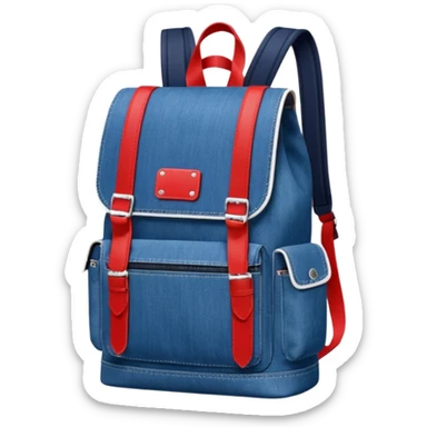 Minimalist emoji-style icon of a stylish blue denim backpack with a flap top, two vertical black buckle straps, a large red-white-navy horizontal block in the center, and two zipper side pockets. Inspired by Tommy Jeans design. Front view, cartoon-like, clean design.

 sticker
