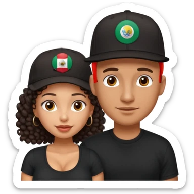 A picture of a cute tanned couple. the man is Mexican, with a bald hair cut wearing a SnapBack hat and a black shirt. the woman is mixed, she has curly longer dark brown hair, wearing no hat, and with big boobs  sticker