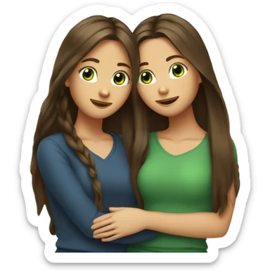 Two brunette best friends hugging one with long hair one with long hair girs and  green eyes sticker