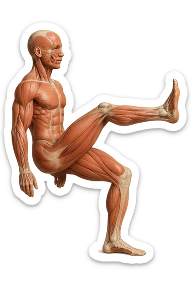 CORPO UMANO ANATOMICO REALISTICO CHE FA UN ESERCIZIO DI MOBILITà ARTICOLARE ALLE GAMBE, IPERREALISTICO 4K sticker
