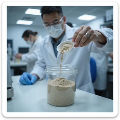 lab technician pouring dried pig thyroid powder into container for weighing and quality control, visible lab instruments, clear labels, clinical environment, hyperrealistic 4K sticker
