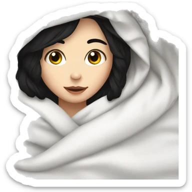 Pale Girl with black hair  laying down cozy in a white blanket sticker