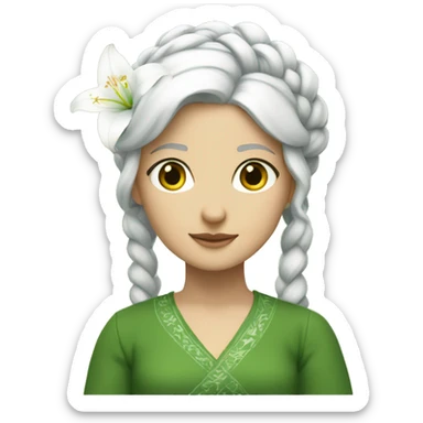 A white hair girl with a big braid and a white lily on the top left of the hair,a green dress made by lily leaves sticker