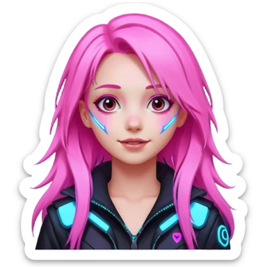 girl neon cyberpunk light pink happy long hair sticker