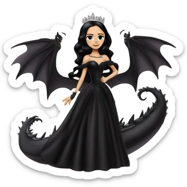 Lavish Victorian evening gown, Jenna Ortega as young Morticia Addams Jedi wearing a mini tiara, riding on the back of a very large blood red evil-looking horned firedragon sticker