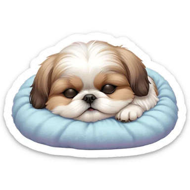 Meme-Worthy Cute Sleeping Shih Tzu Portrait Emoji, Head resting peacefully with a tender, contented smile and eyes delicately closed in serene slumber, showcasing a luxuriously fluffy fur in soft pastel tones, simplified yet irresistibly adorable, highly detailed, glowing with a warm, drowsy radiance, high shine, exuding calm, cozy charm, styled with a gentle, soft glowing outline, capturing the essence of a sleeping Shih Tzu that radiates utterly adorable, sleepy bliss! sticker