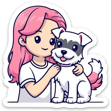 Girl with long flowing pink hair holding a white schnauzer dog sticker