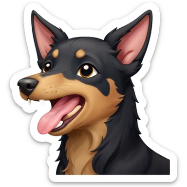 Cinematic Cute Yawning Black and Tan Kelpie Portrait Emoji, Head tilted slightly with a dramatic, wide-open yawn, showcasing a smooth black Fur with distinct tan accents, floppy ears slightly drooping, round dark eyes barely open in drowsy contentment, Simplified yet irresistibly adorable features, highly detailed, glowing with a soft, cozy glow, high shine, relaxed yet expressive, stylized with a touch of whimsy, bright and endearing, soft glowing outline, capturing the essence of a sleepy yet affectionate herder, so drowsy it feels like it could stretch out of the screen and curl up for a nap! sticker