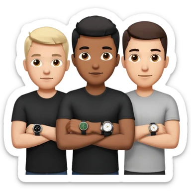 4 different men wearing black strap watches on their wrists portraits, head and shoulders only, watches clearly visible on arms, diverse face shapes and skin tones, 3D cartoon, mobile game icon style, clean background, no text, no watermark
 sticker