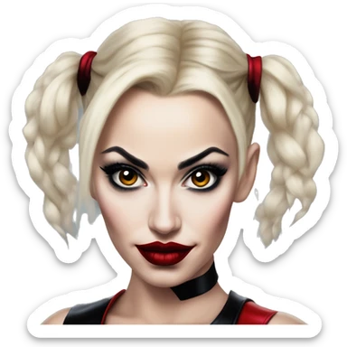 Gwen Stefani in Harley Quinn style, oil paint, mysterious eyes, intricate lips, masterpiece portrait, odd perspective, beautiful, desirable, logical sticker