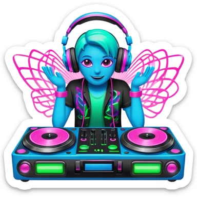 Create a dynamic and modern emoji that represents electronic music and DJing. The design should feature a DJ controller with two vinyl turntables, DJ headphones, and glowing sound waves or a waveform to symbolize the energy of mixing and electronic beats. Use vibrant neon colors like electric blue, neon pink, or green to represent the futuristic and pulsating nature of electronic music. Add subtle details of flashing lights or abstract patterns to evoke the nightclub or festival atmosphere. The background should be transparent. sticker