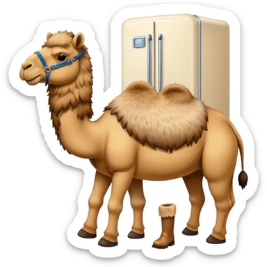 A white refrigerator with a camel head sticking out from the top and four camel legs with Timberland boots coming out from the bottom sticker