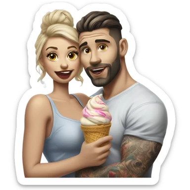 Hyper Realistic beautiful woman in the arms of a very handsome tattooed man eating ice cream  sticker