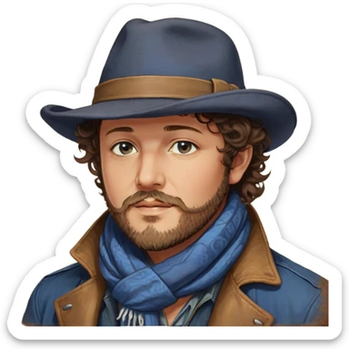 a detailed portrait of zucchero sugar fornaciari, focusing on his upper half. he has a rugged appearance with curly brown hair, a trimmed beard, and expressive eyes. wearing a wide-brimmed hat and a casual jacket with a scarf, his style reflects a blend of rock and blues. the background is softly lit with warm, earthy tones, creating a soulful and charismatic vibe sticker