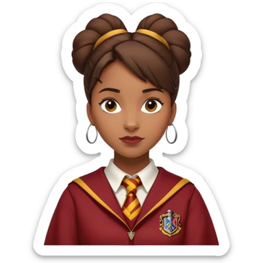 Angelina Johnson in harry potter, wear hogwarts gryfindor uniform,  thick, brown bun hair , reflecting her bold, stylish, and strong personality sticker