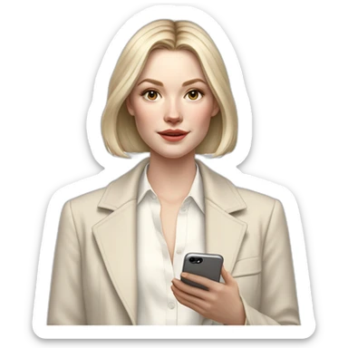 pale skin woman with ash blonde Straightened bob Hair, White Spacious classical jacket, beige palazzo Arrow pants and gray blouse holding white IPhone 14 pro in the hands sticker