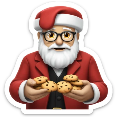 An old white man with a big white beard and small black glasses, wearing a red hat with a white pom pom atr the end, wearing a red suit with black gloves with a black gold belt is eating choclate chip cookies sticker