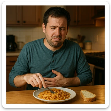 A man in his mid-30s sitting at a kitchen table with a plate of pasta and bread in front of him, looking uncomfortable and conflicted. His facial expression shows bloating, fatigue, and mild abdominal pain. One hand is on his stomach, the other hesitating to eat. sticker
