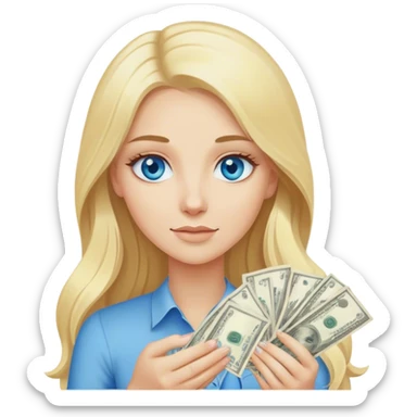 Cinematic realistic blonde with long hair, blue eyes holds money in her hands sticker