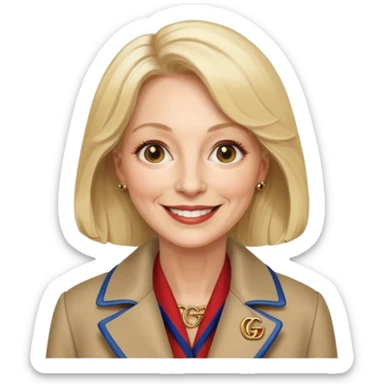 she is about 65 years old with blond hair, likes gucci, is a phd in cardiology and she does not wear glasses or a lab coat or carry a stethoscope but wears gucci coats sticker