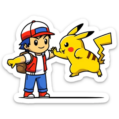 Hot handsomeb muscular 6ft tall smiling happy fun Ash Ketchum giving clothes free Pikachu a high five sticker