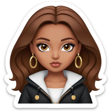 pretty bratz girl, brown hair, dark brown eyes, black eyeliner, brown skin, coquette clothes sticker