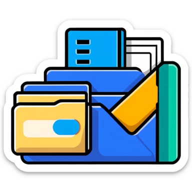 Closed folder icon with small symbols floating around: bank building, credit card, calculator, and document – organized financial archive sticker