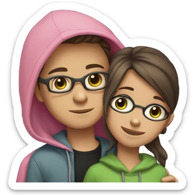 boy with glasses, brown hair and black hoodie hugging a girl with brown hair with pink hair under the main hair in grey hoodie, the boy have green eyes and the girl has blue eyes  sticker