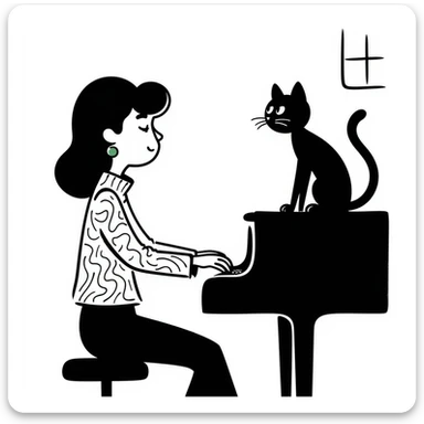 woman playing piano while her cat sits on top of the piano sticker