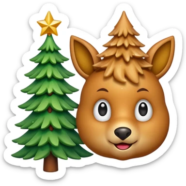 Un emoji représentant un petit sapin stylisé, sans bouche, avec deux grands yeux de biche brillants couleur cannelle. Style minimaliste, mignon et expressif, comme un sticker ou un emoji moderne. Fond parfaitement transparent, haute qualité, bien centré. sticker